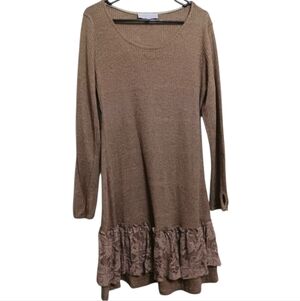 Pretty Angel Brown Ribbed Lace Ruffle Linen Blend Sweater Dress